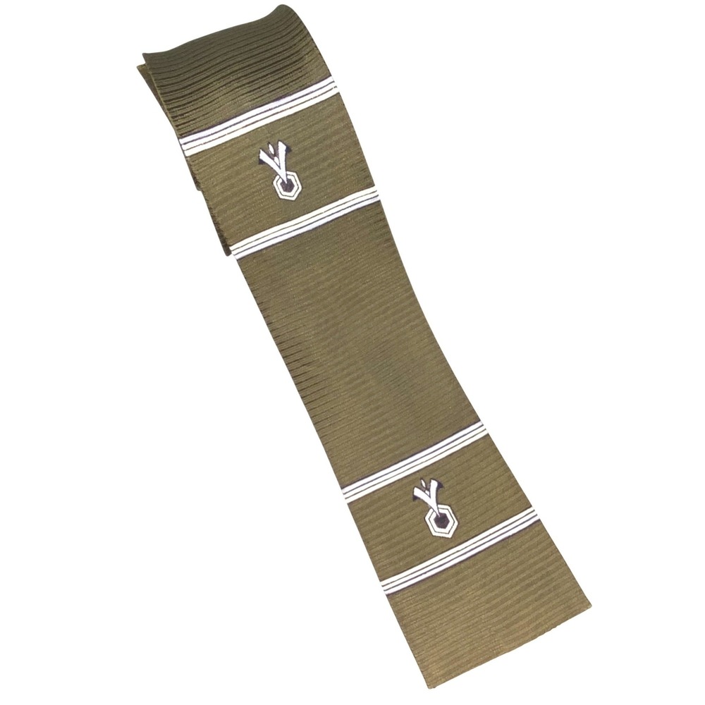 Reveling Silk Square Tie Mens Olive Green Gold Striped Logo Skinny VTG